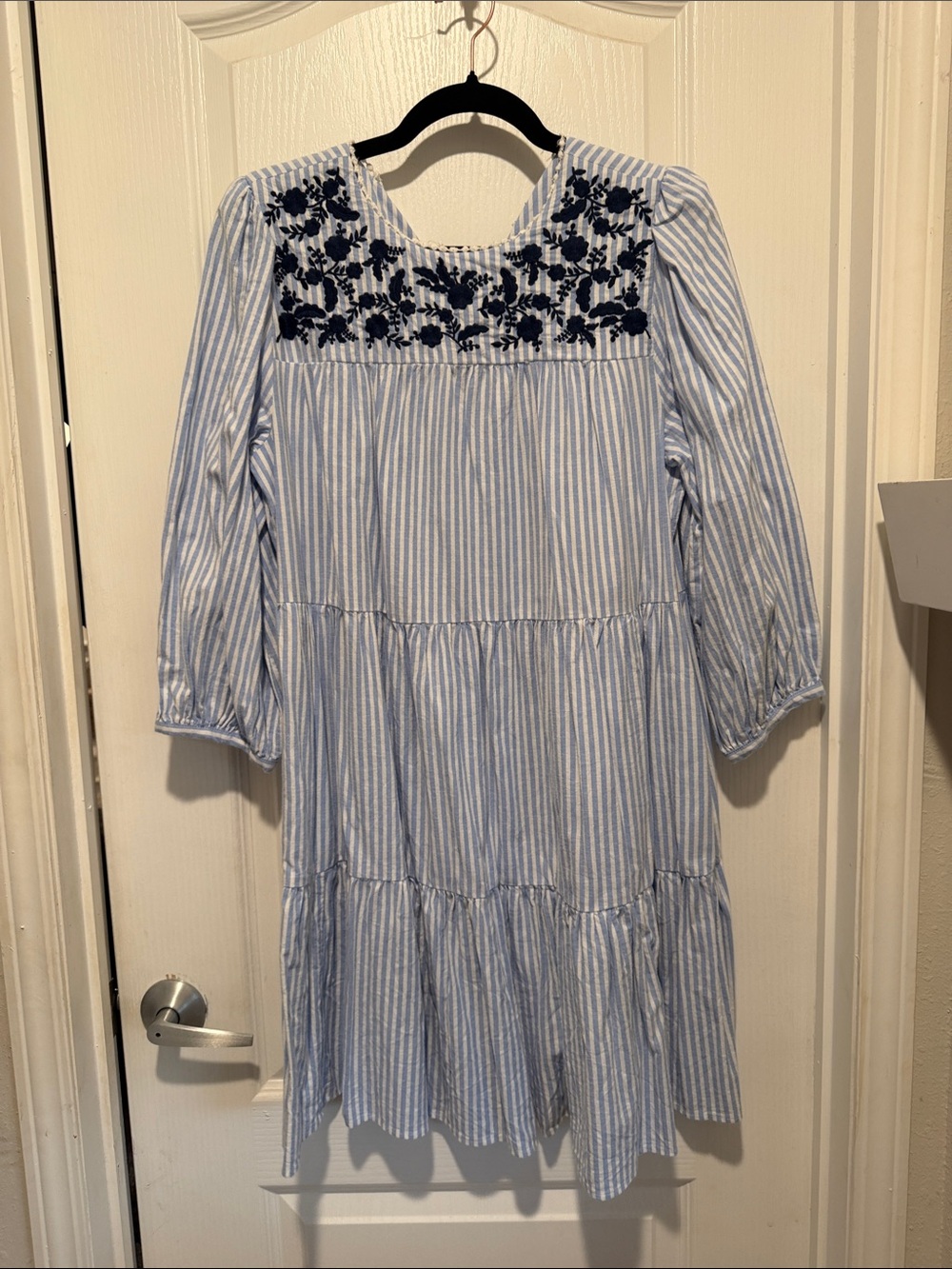 crown & ivy Blue and White Striped Embroidered Tiered Dress
